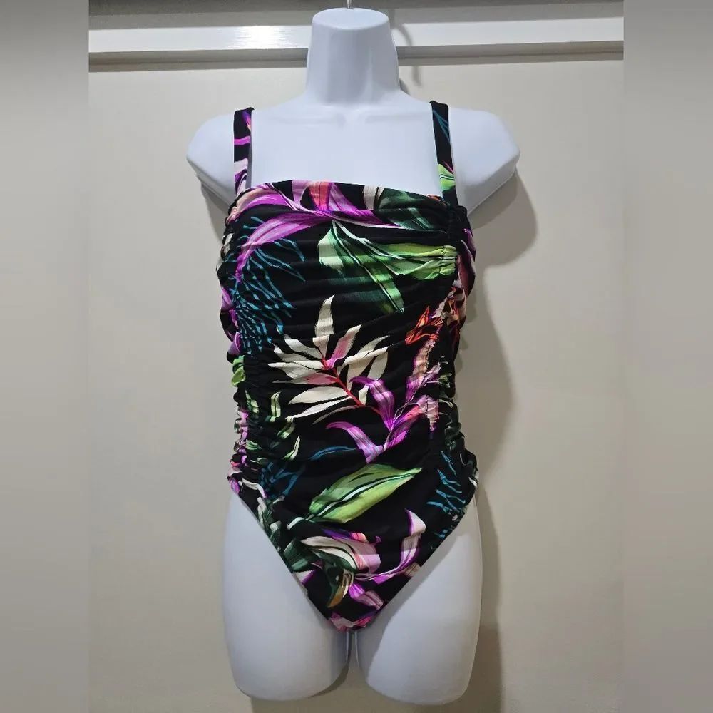Carmen Marc Valvo One-Piece Ruched Floral-Print Swimsuit NWOT Size 12 - Picture 3 of 5